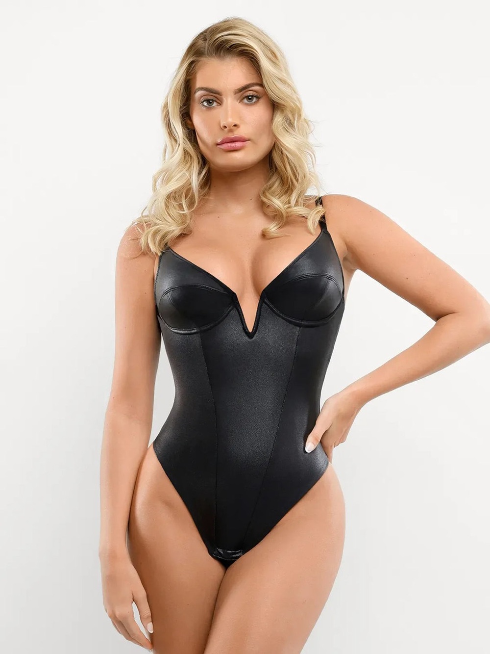 NWT Popilush Shapewear Faux Leather Plunging V Sculpting Corset Bodysuit Large